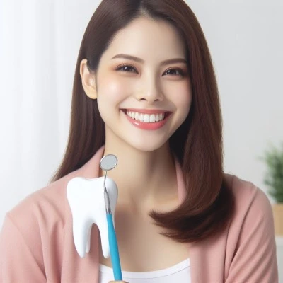 Smiling woman with a dental mirror and tooth model, reflecting the positive effects of ProDentim for oral health care.