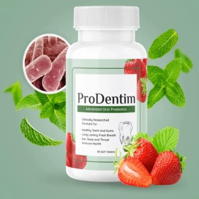 Bottle of ProDentim Advanced Oral Probiotics with strawberry flavor surrounded by fresh mint leaves and strawberries.