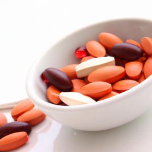 Vitamins in tablets and capsules of various colors in a white bowl.