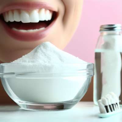 Baking soda in a glass container, a small bottle of water, a toothbrush with white toothpaste and a smiling mouth.