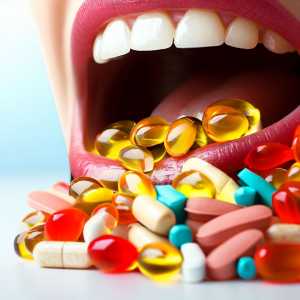 Vitamins and supplements in capsules, tablets and pills.